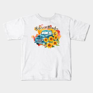 Vintage Blue Truck and Sunflowers Believe in Miracles Kids T-Shirt